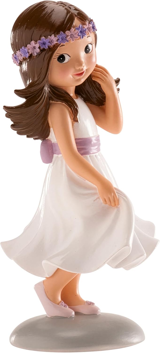 dekora Figura de Comunión Niña con Flores Violetas, Resina, 15cm - Ideal para Decoración de Tarta y Recuerdo de Primera Comunión
