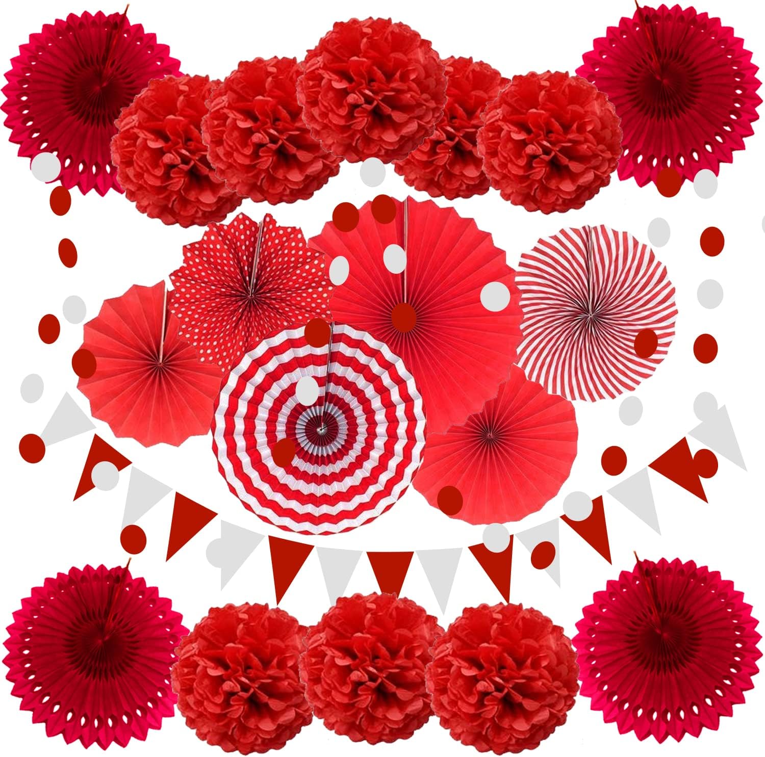 ZERODECO - Decoración de fiestas, 21 abanicos de papel rojo para colgar, pompones, guirnaldas y banderines triangulares para fiestas de cumpleaños, fiestas del bebé, bodas